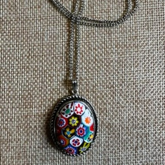 Murano Glass Millefiori Oval Pendant Necklace with Chain - Picture 2 of 3